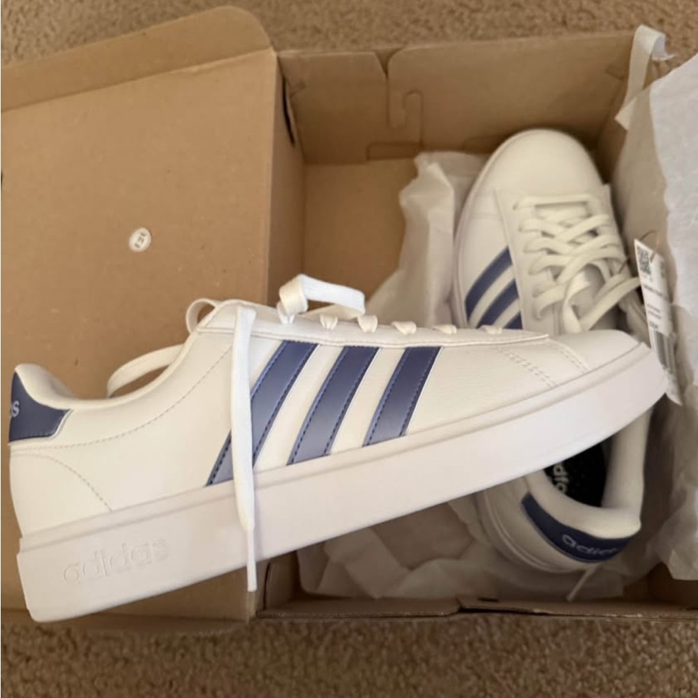 adidas Grand Court 2.0 White Sneakers with Blue Three Stripes